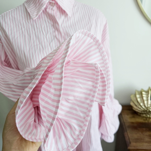 Italian 100% Cotton By Coco Pink White Striped Ruffle Button Up Shirt Size L/XXL - Picture 13 of 15